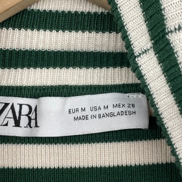 ZARA Sweater Womens M Striped Ribbed Cropped Turtleneck Pullover Green White - Picture 7 of 11